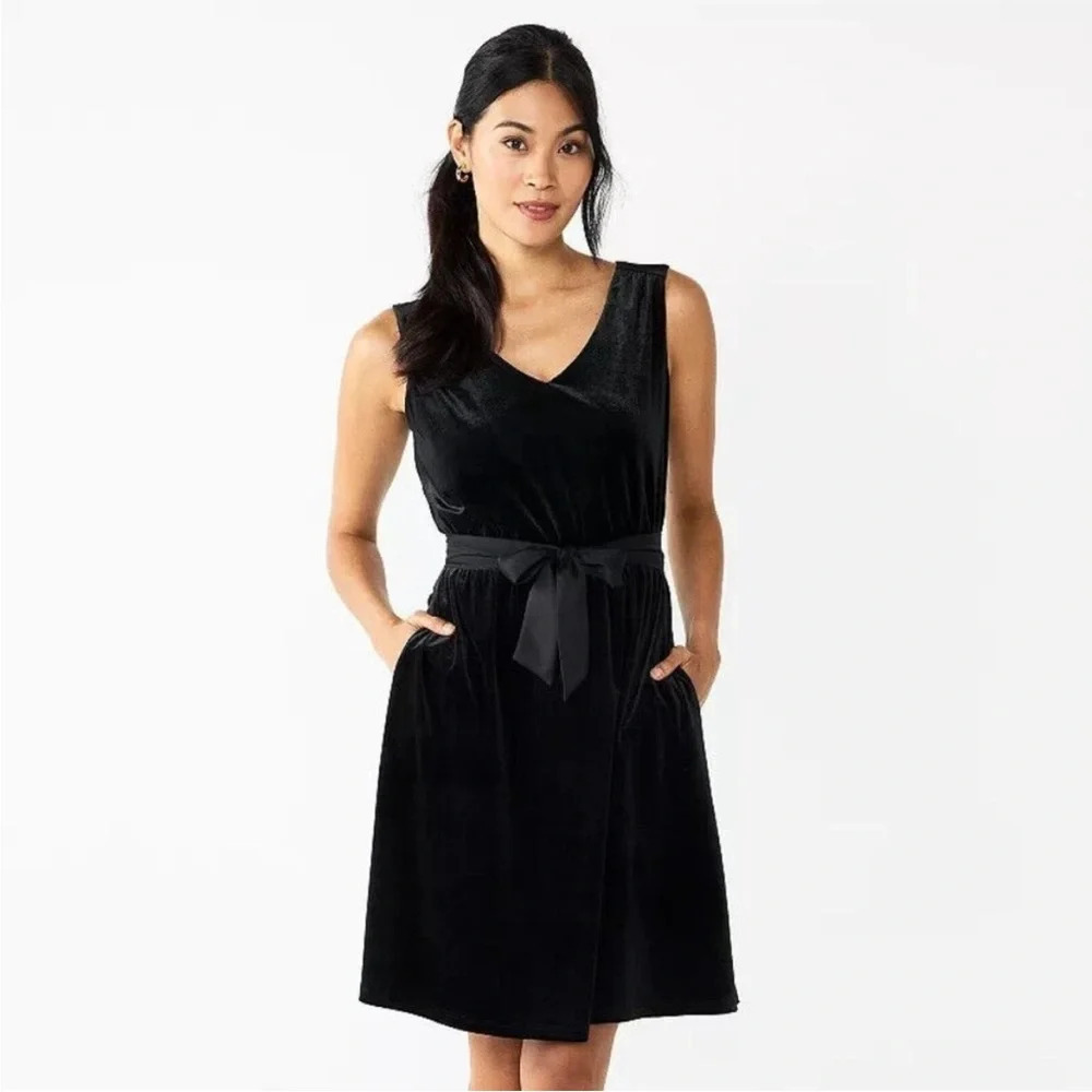 Draper James RSVP Dress Black Velvet Satin Ribbon Knee Length Sleeveless Size S